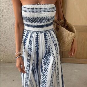 Blue and White Strapless Maxi Dress